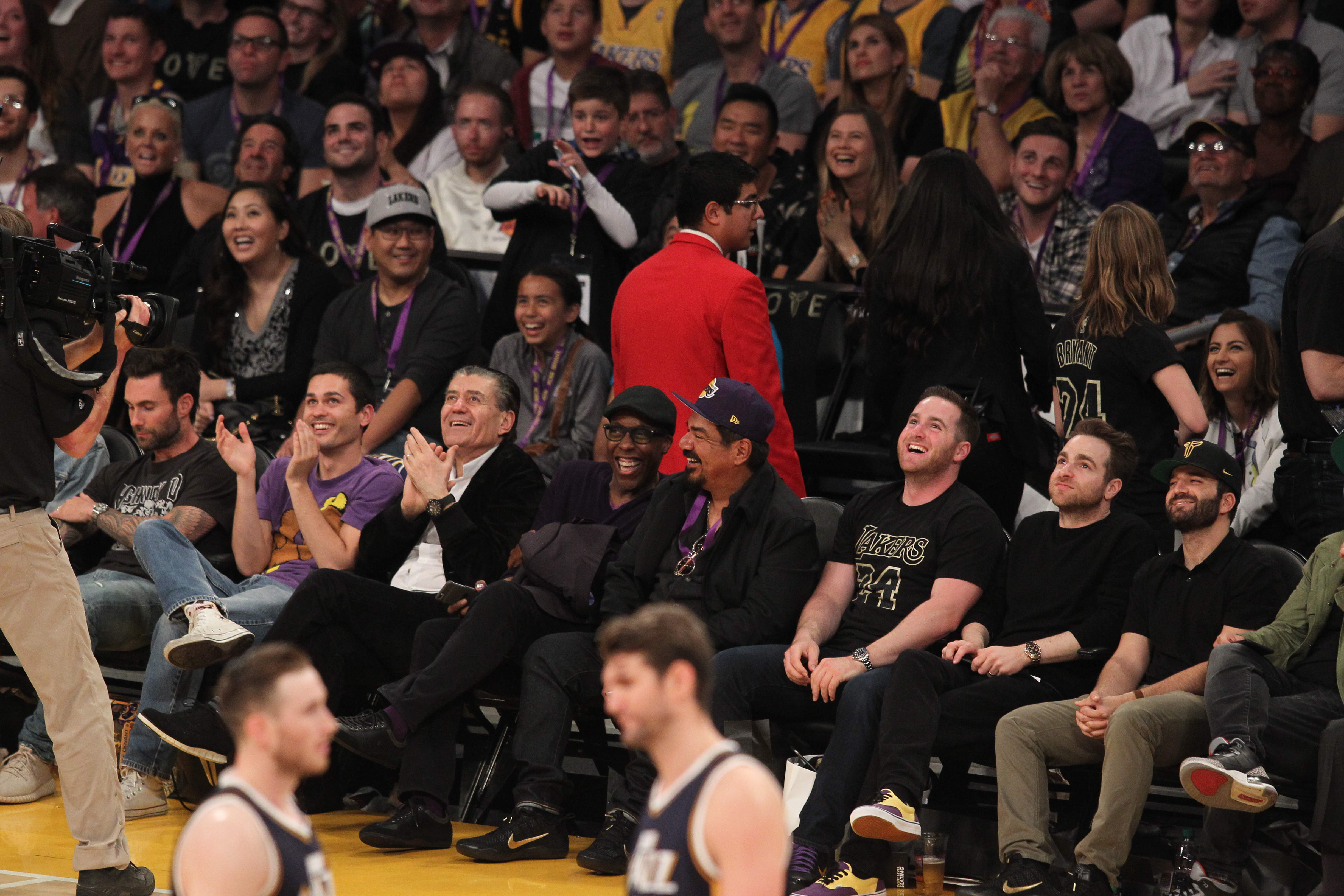 Celebrities at the Los Angeles Lakers game. The Los Angeles Lakers defeated the Utah Jazz by the final score of 101-96 in Lakers Kobe Bryant's last NBA game at Staples Center. Featuring: George Lopez, Arsenio Hall Where: Los Angeles, California, United States When: 13 Apr 2016 Credit: WENN.com