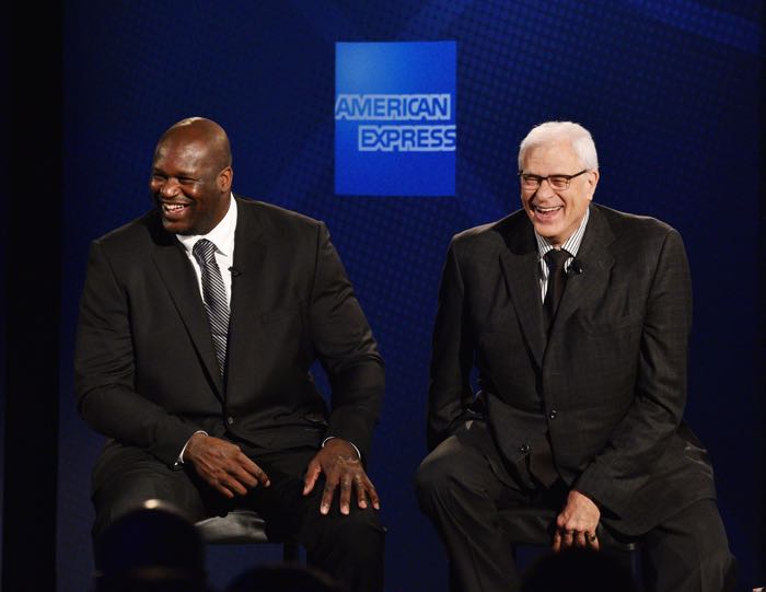 NEW YORK, NY - JUNE 06: American Express teams up with Shaquille O'Neal (L) and Phil Jackson at the Altman Building on June 6, 2016 in New York City. (Photo by Bryan Bedder/Getty Images for American Express)