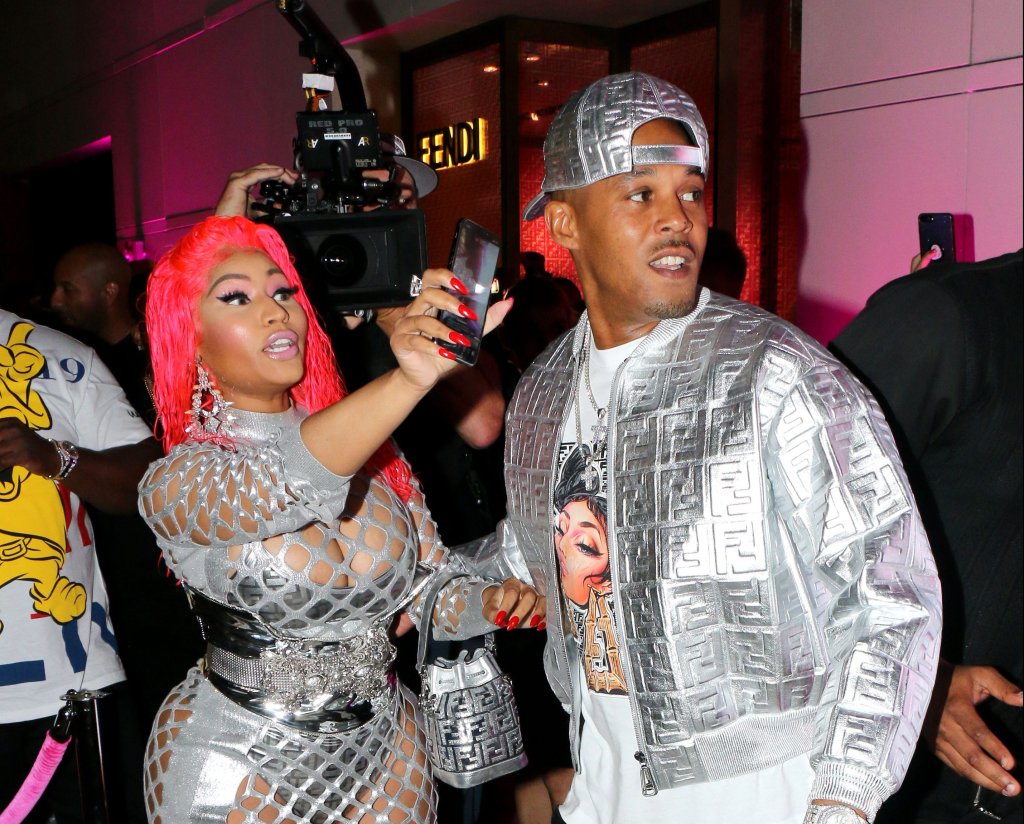 Nicki Minaj and Kenneth Petty arrive at Fendi Prints On at Fendi in Beverly Hills