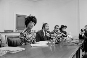 Democratic US Congresswoman Shirley Chisholm Announcing her Candidacy for US Presidential Nomination with Representatives Parren Mitchell, Charles Rangel