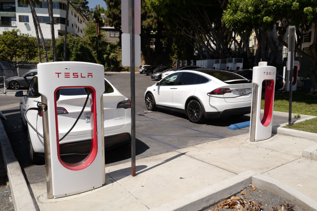 Tesla charging station in Santa Monica, Los Angeles, California, USA.