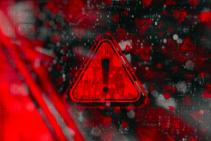 Cybersecurity warning with red warning symbol with digital glitch and binary code. Concept of cyberattacks, data breaches and information security threats.